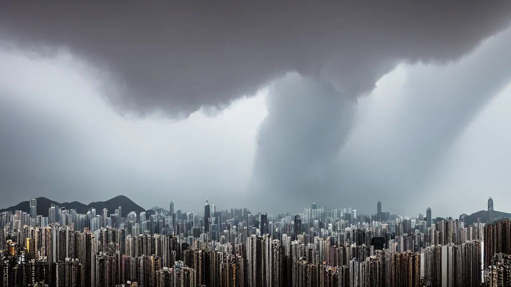 Image similar to a tornado ripping through the city of hong kong