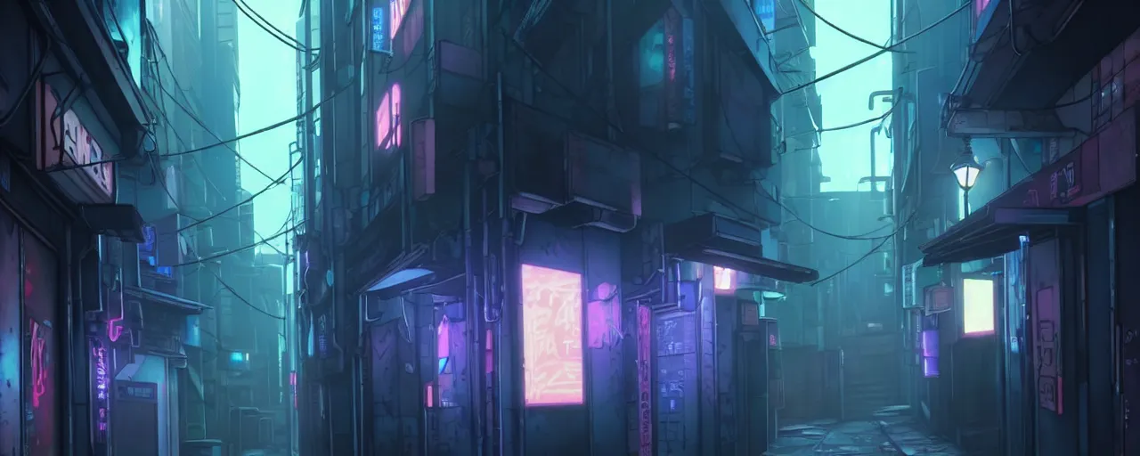 Image similar to a close up of a city alleyway in the atmospheric cyberpunk anime film, gouache matte background painting, neon noir, at night with lights, by makoto shinkai, in the anime series ergo proxy, beautiful specular edge highlights and rim lighting