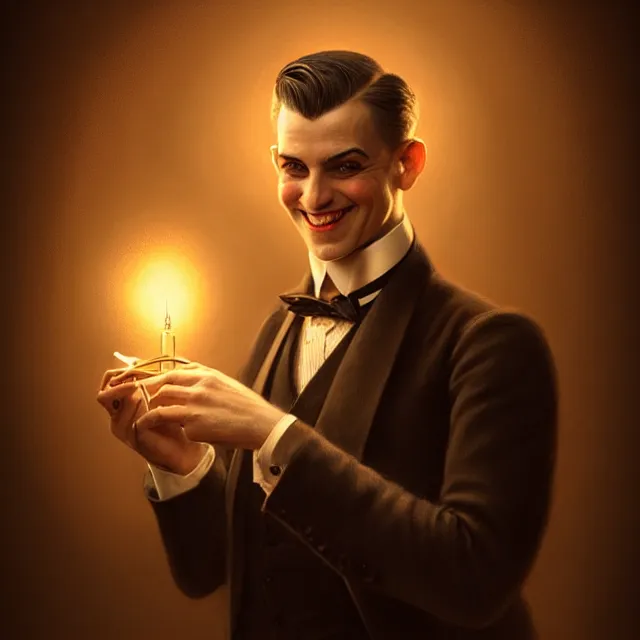 Image similar to portrait of a 1 9 2 5 magician, clean shaven, smiling, atmospheric lighting, intricate, ultra detailed, well composed, best on artstation, cgsociety, epic, stunning, gorgeous, intricate detail, wow, masterpiece