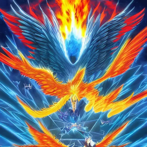 Prompt: the ultimate battle between articuno and zapdos and moltres, by dan mumford, yusuke murata, makoto shinkai, ross tran, cosmic, heavenly, god rays, intricate detail, cinematic, 8 k, cel shaded, unreal engine, featured on artstation, pixiv