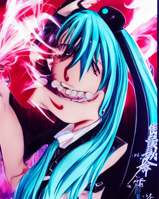 Prompt: Anime manga official art of mature attractive Hatsune miku with beautiful smile by Alex Ross giger sorayama frank miller trending on Flickr cinematic backlit smoke noir technoir