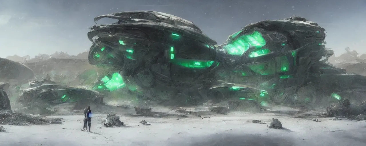 Prompt: snow falls from the sky in the hot desert, the sky is hot green, and there is a massive broken starship as the subject, very detailed concept art, matte painting, digital art, concept art, realistic beautiful, trending on artstation, greg rutkowski