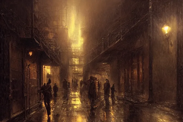 Image similar to An alleyway at night during rain, moody scene, highly detailed, intricate, sharp details, dystopian mood, 1950 scene by gaston bussiere, craig mullins, somber lighting, drawn by Giacomo Burattini, inspired by graphic novel cover art