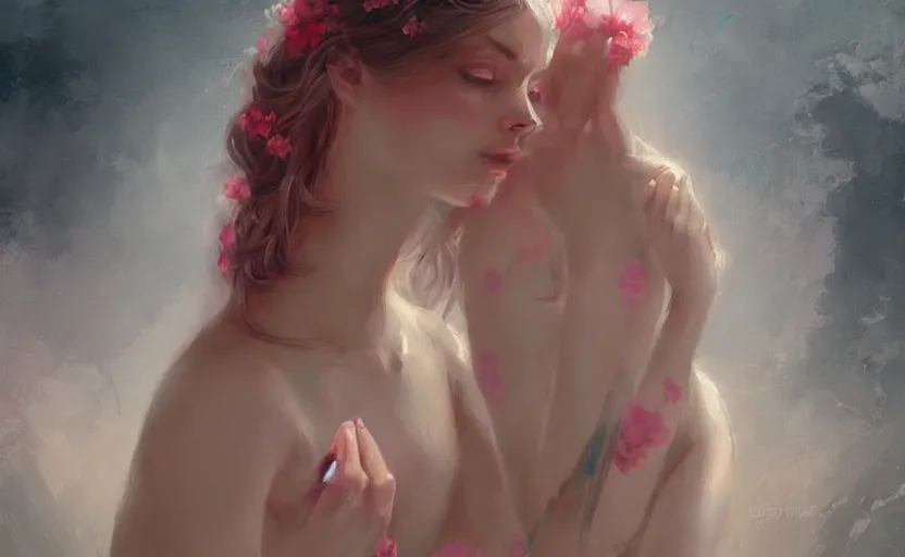 Prompt: a painting of a nymph 🌸🌸🌸 trending on artstation in the style of greg rutkowski, sensuality, fashion