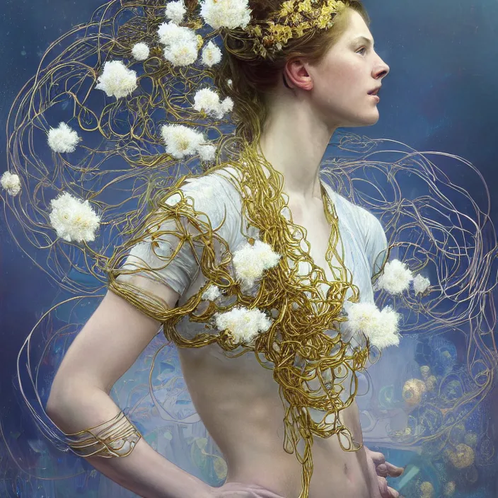 Image similar to hyperrealist portrait of a 2 0 4 4 space sport engineer, it is decorated with long gold wires and white flowers that fall like vines and wears a huge computer crown. by jeremy mann and alphonse mucha, fantasy art, photo realistic, dynamic lighting, artstation, poster, volumetric lighting, dramatic light, very detailed faces, 8 k, award winning