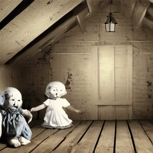 Image similar to dark attic with creepy dolls