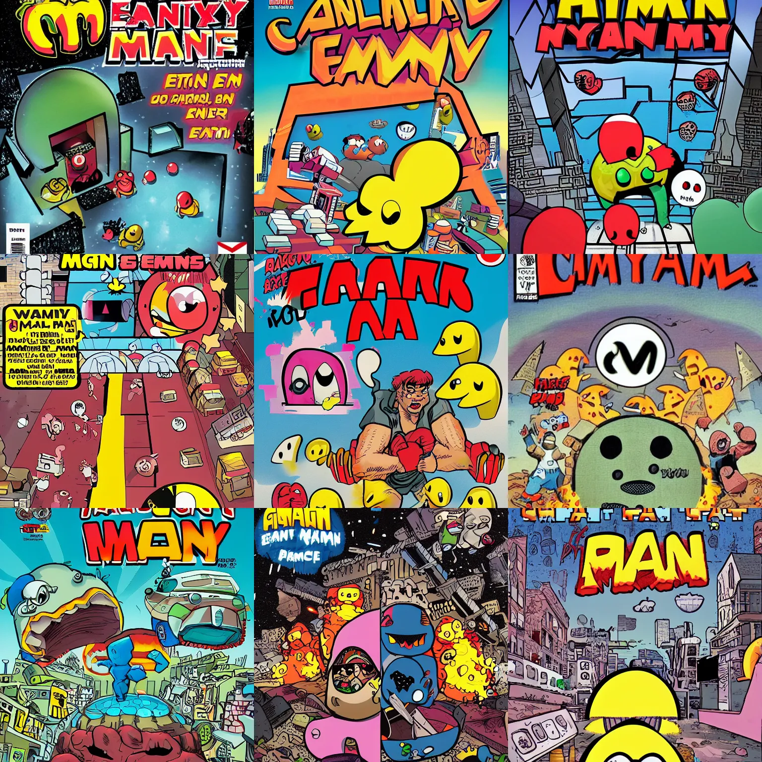 Image similar to angry giant pacman eat people in ruined city, a comics cover