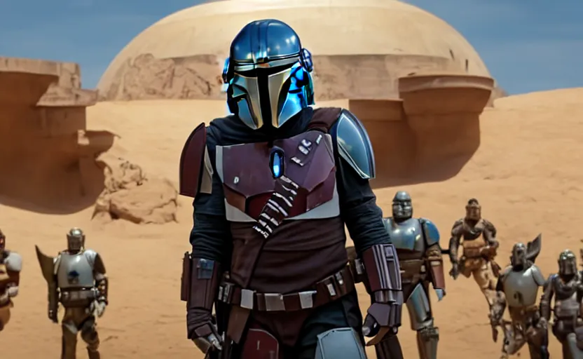 Prompt: still image screenshot new episode of the mandalorian disney + hundreds of mandalorian soldiers in front of a strange building, moody gold planet, anamorphic lens