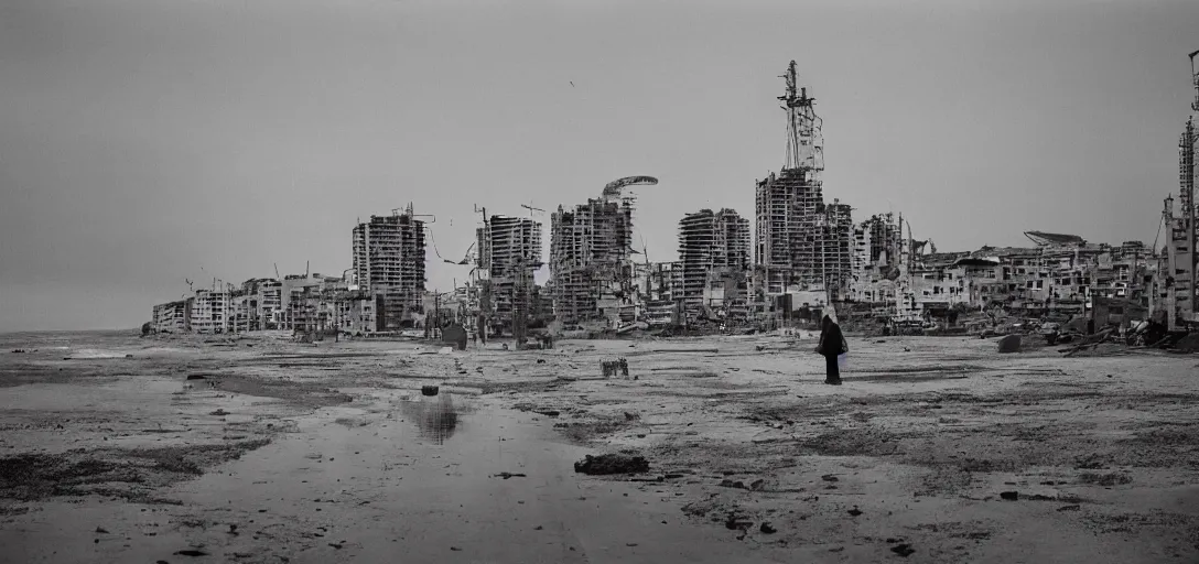 Image similar to apocaliptic Portrait of the city of Mar del Plata with a offshore oil dripping , by stephen Shore and Arthur Adams , epic composition 35mm, 8k