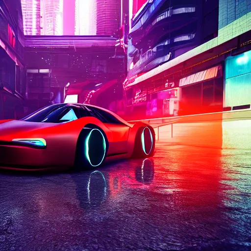 Image similar to futuristic sport car in a cyberpunk street, realistic, high details, rain, night, 4k