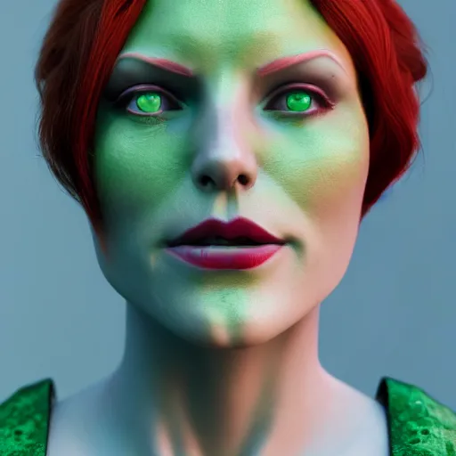 Image similar to redhead woman, art nouveau, villian, green, HD, Unreal Engine, 8K, Octane