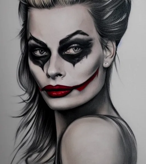 Image similar to tattoo design sketch of beautiful margot robbie portrait with joker makeup, in the style of den yakovlev, realistic face, black and white, realism tattoo, hyper realistic, highly detailed