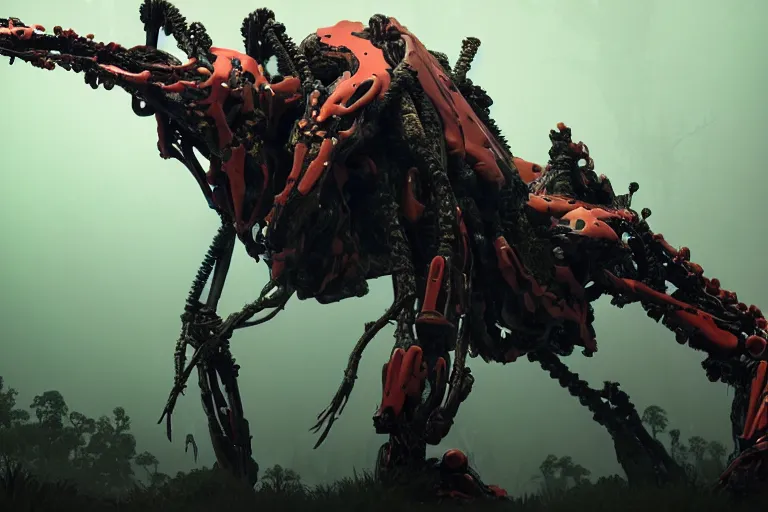 Image similar to portrait of a posed hyper detailed complex, plowhorn evangelion realistic mechanical and fleshy organic creature similar look as horizon forbidden west horizon zero dawn bioluminiscence in a dark deep forest at dawn in spring, with reflection and textures, by kilian eng, substance painter reaslitic mech surface metal painted scratches