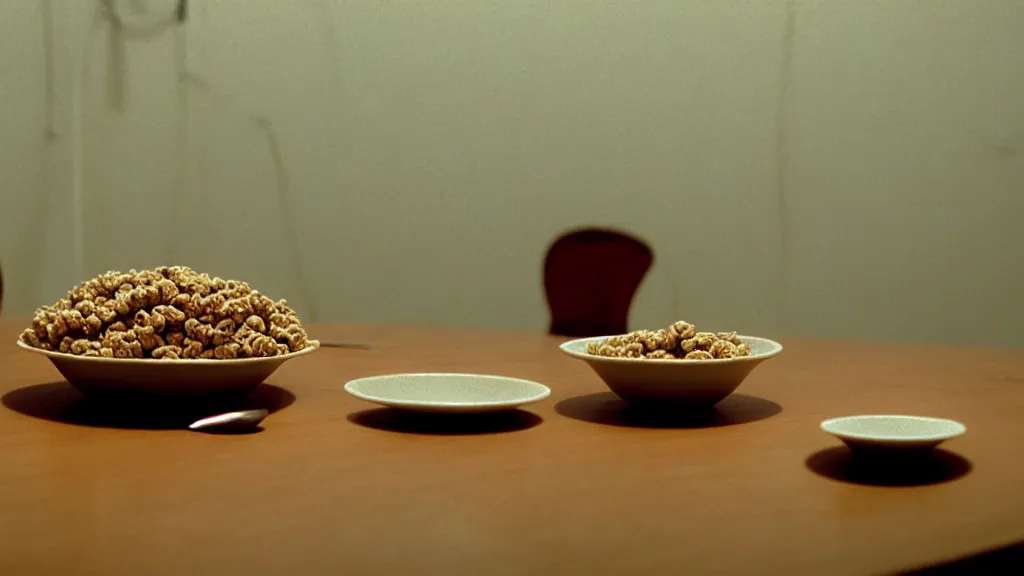 Prompt: an empty cereal bowl sits on a table, film still from the movie directed by Wes Anderson with art direction by Zdzisław Beksiński, wide lens