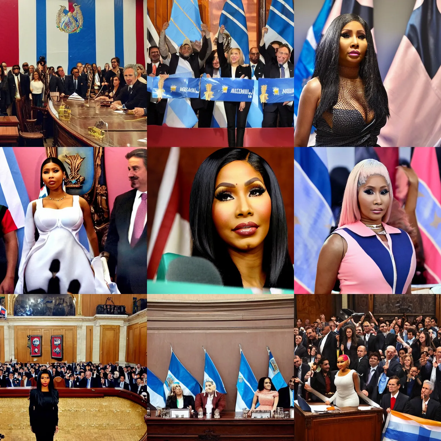 Prompt: Nicki Minaj president of Argentina, in the Argentine Congress, flags of Argentina behind, detailed picture