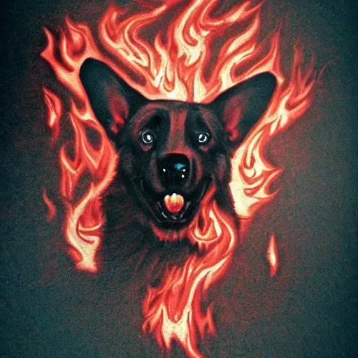 Prompt: hellhound with the head of a corgi and the body of a demon dog, flames, dark and intense red lighting, the hellhound is snarling, ultra realistic