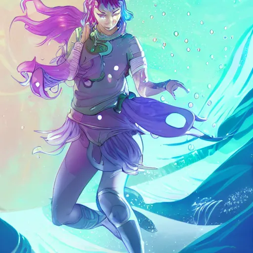 Image similar to female water mage, high quality character design, action pose : : spotlight, magical, seapunk, seaweed, bubbles, high detail, 1 6 k, oled, shadows, reflections, by rossdraws