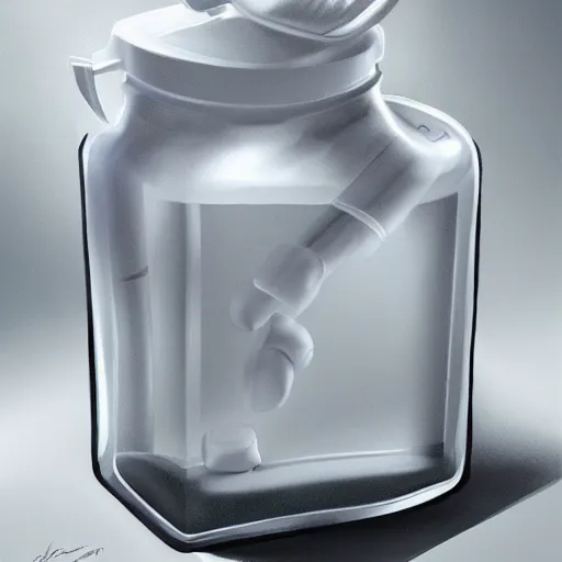 Prompt: concept art of white dietary supplement designed by porsche and richard mille in a transparent bottle with big black sticker on it, by aenaluck, artgerm and roberto ferri and greg rutkowski, light blue and white tones, digital painting, artstation, concept art, smooth, sharp foccus ilustration hq