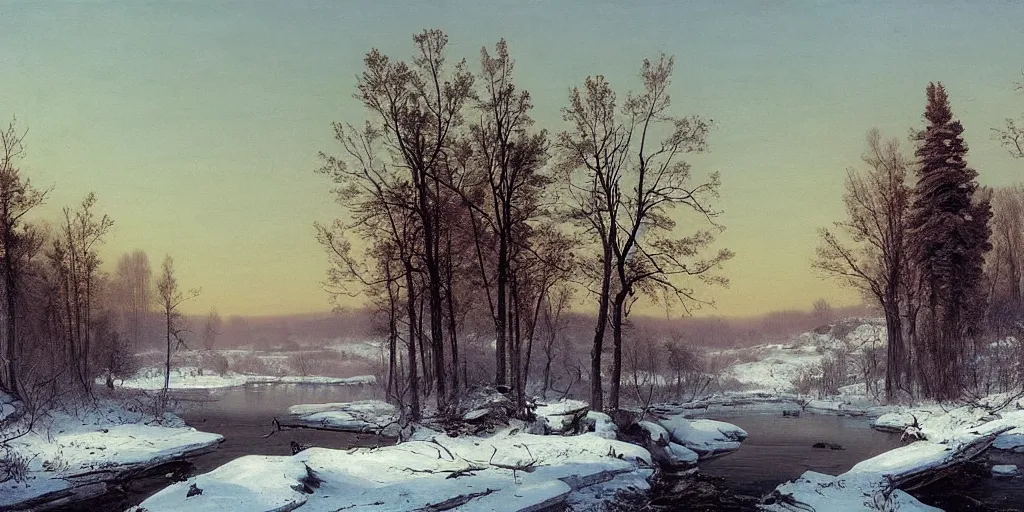 Image similar to winter landscape, faint sunrise, lush field, forest, frozen river, matte painting, by Isaac Levitan and Asher Brown Durand