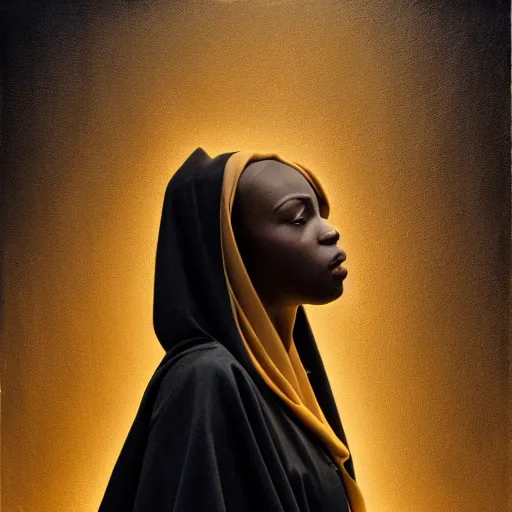 Image similar to a portrait of a young black woman wearing a long dark cloak, hood and shadows covering face, holding golden chains, oil painting, matte painting, black background, Volumetric Golden dappled dynamic lighting, Highly Detailed, Cinematic Lighting, Unreal Engine, 8k, HD, by Beksinski