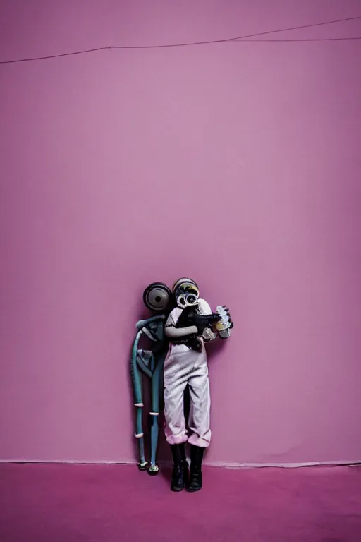 Prompt: a surreal portrait of intertwined and contorted figures wearing gas mask next to a pink wall in the style of brooke didonato, editorial fashion photography from vogue magazine, full shot, nikon d 8 1 0, ƒ / 2. 5, focal length : 8 5. 0 mm, exposure time : 1 / 8 0 0, iso : 2 0 0