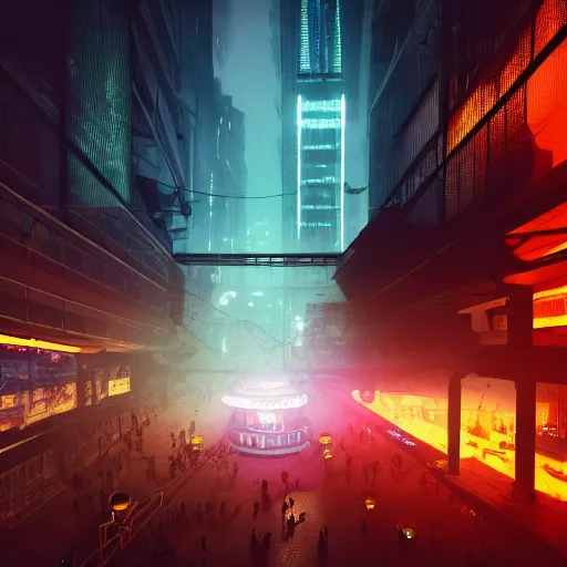 Image similar to Halloween ghost under a sheet, floating over futuristic metropolis sidewalk, at night, bright neon city lights, blade runner, trending on artstation, matte finish, volumetric lighting, 8k, 4k