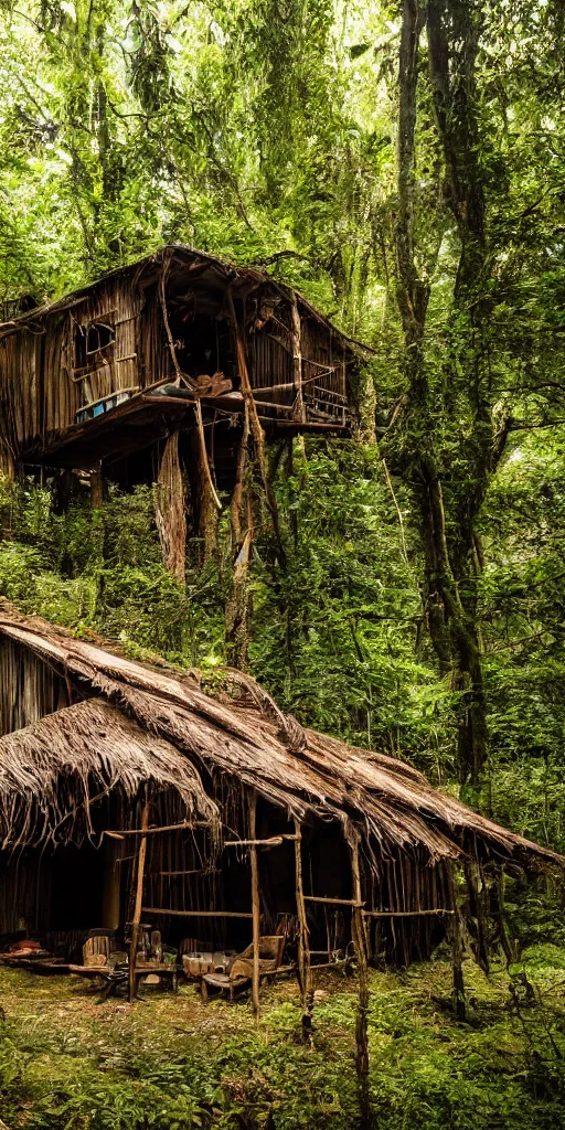 Image similar to a cinematic movie shot of a rustic multi-story ramshackle hut in the magical forest