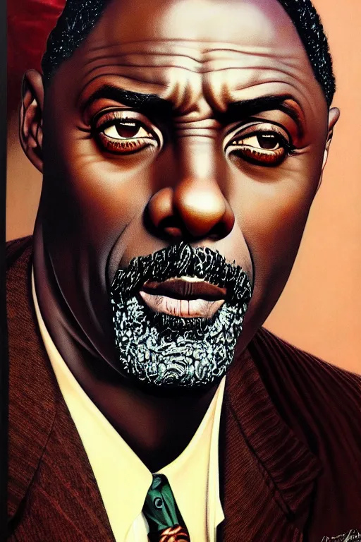 Image similar to idris elba portrait by gil elvgren and norman rockwell and rob gonsalves and hajime sorayama, hyperrealistic, high detail, ultra detailed, highly detailed face, ruffled fabric