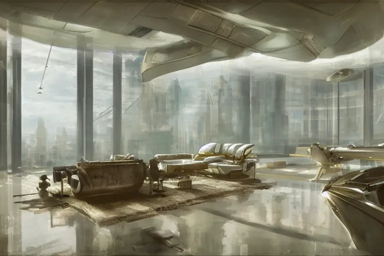 Prompt: futuristic luxury apartment interior, reflective, intricate, elegant, highly detailed, john park, craig mullins, sparth, ruan jia, jeffrey catherine jones