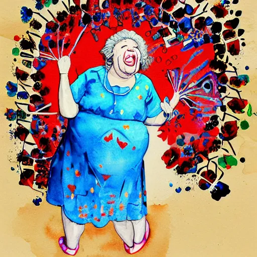 Image similar to of a very funny graffiti style watercolor painting of a sweet fat old woman is in love with her self. flowery dress. symmetrical face, red mouth, blue eyes. a flowery dress. deep focus, lovely scene. a very funny and sweet picture. unreal engine. pencil and ink. goya painting style.