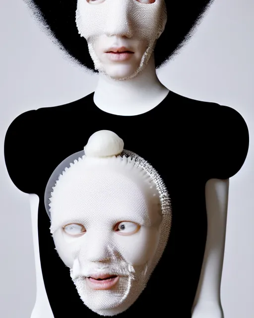 Prompt: portrait of a woman wearing a white embroidered translucent silicone mask and white black frizzy hair buns, wearing a black bodysuit by alexander mcqueen, cream white background, soft diffused light, biotechnology, humanoide robot, bjork aesthetic, translucent, by rineke dijkstra, intricate details, highly detailed, masterpiece,