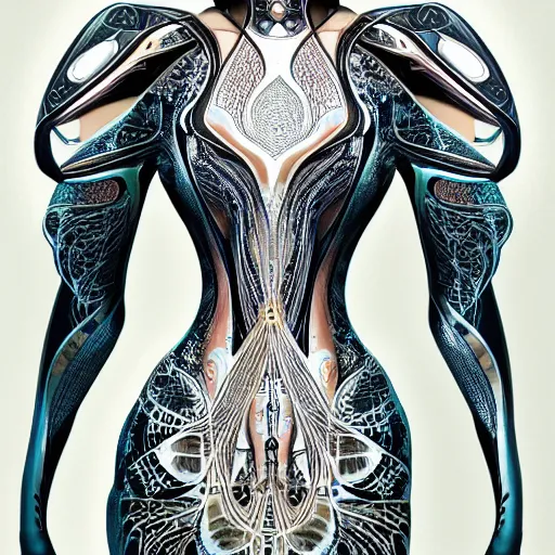 Image similar to a beautiful arabian woman wearing a futuristic dress by alexander mcqueen, artgerm, alex gray, android jones, fashion show, futuristic, organic dress, seamless pattern, concept art, fantasy