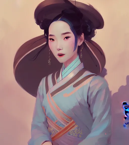 Image similar to portrait of a female immortal in amazing chinese dress 汉 服 by atey ghailan, by greg rutkowski, by greg tocchini, by james gilleard, by joe fenton, by kaethe butcher, dynamic lighting, gradient light blue, brown, blonde cream and white color scheme, grunge aesthetic