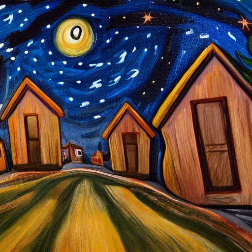 Image similar to a painting of a small village with crooked wooden houses designed by Tim Burton, the village is on a hill, the sky is dark with stars shining through, 4K,