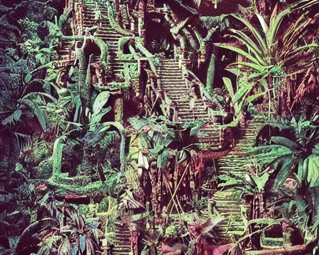 Prompt: mayan jaguar punk exploring an alien garden las pozas, 1 9 7 0's sci - fi, lofi technology, deep aesthetic colors, 8 k, highly ornate intricate details, extreme detail, cut out collage, william s burroughs