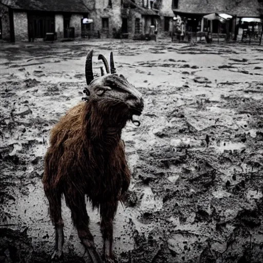 Image similar to horror, moody, still from film, daytime, muddy village square, wide shot, roaring mutant goat monster, powerful and huge, creeping on legs with hands instead of feet, filthy jagged teeth in gaping mouth, matted brown fur, in muddy medieval village square