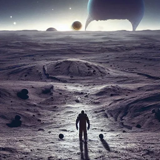 Prompt: “ humans on another planet, 4 k, alien habitat, unique, dark, unknown ”