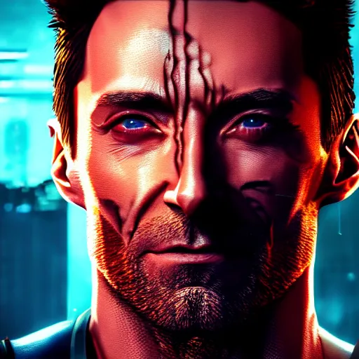 Image similar to hugh jackman portrait, cyberpunk 2 0 7 7, cyberpsycho, photorealistic, ultra detailed, neon, octane, bokeh, cyber, cyberpunk city, feature, scars, cyberface, 8 k