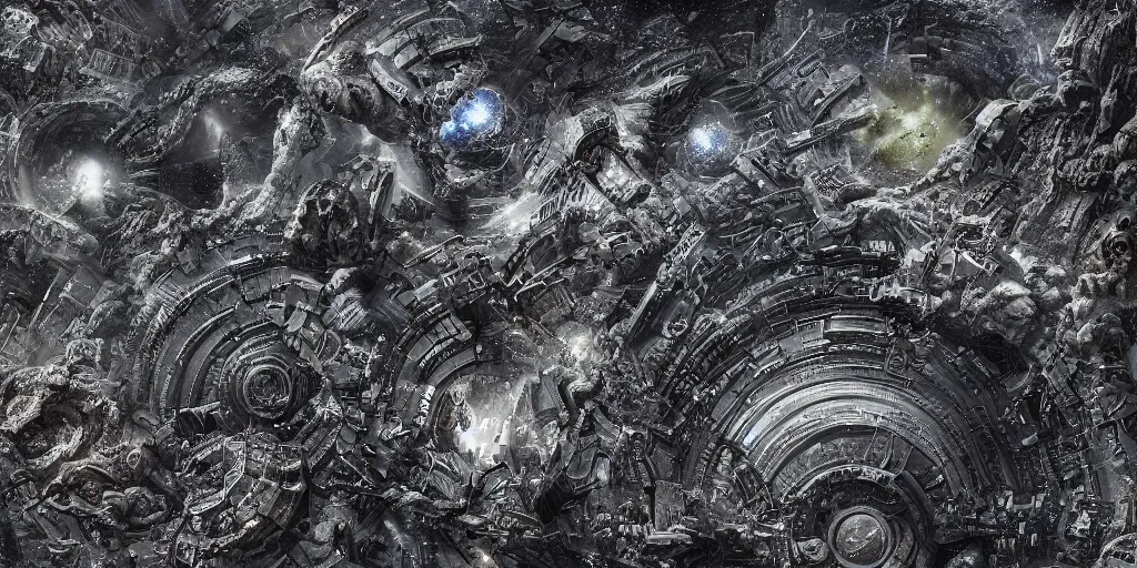 Image similar to incomprehensible space galaxy, highly detailed, epic, insanely complex, 8 k, sharp focus, hyperrealism, dark fantasy, trending on artstation