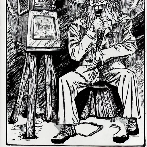 Prompt: a Pop Wonder scary horror themed goofy-hilarious-character r-Crumb, dime-store-comic drawn with charcoal and pen and ink, half-tone-line-stacking