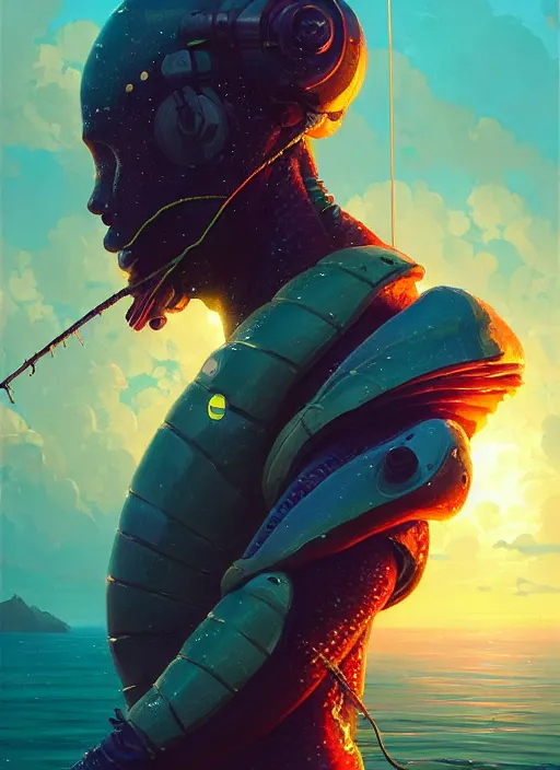 Prompt: portrait of a jamaican fisherman sci - fi glowing fishing armor muscular cyberpunk intricate elegant highly detailed digital painting artstation concept art, ocean background, jamaican colors, cinematic, greg rutkowski, loish, rhads, ferdinand knab, makoto shinkai and lois van baarle, ilya kuvshinov, rossdraws, tom bagshaw