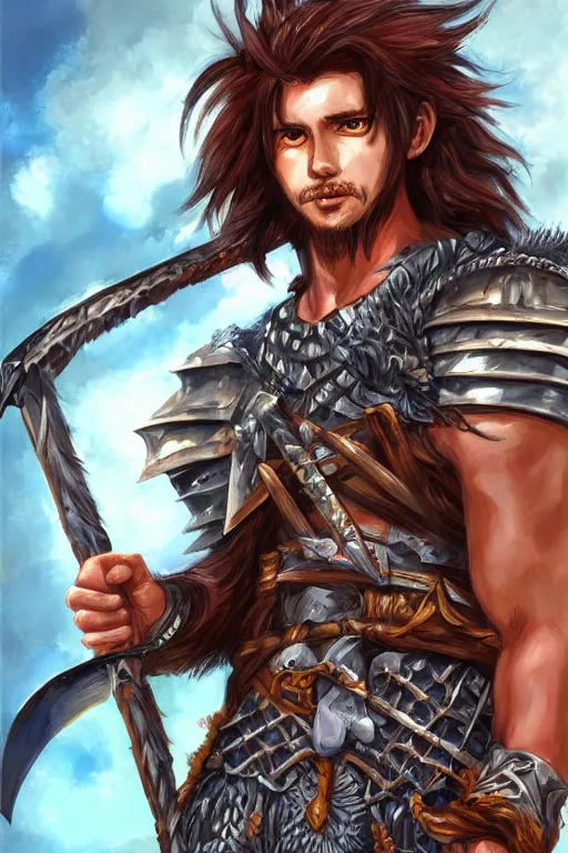 Image similar to A realistic anime portrait of a young handsome male barbarian with long wild hair, intricate fantasy spear, plated armor, D&D, dungeons and dragons, tabletop role playing game, rpg, jrpg, digital painting, by Ayami Kojima, digtial painting, trending on ArtStation, SFW version