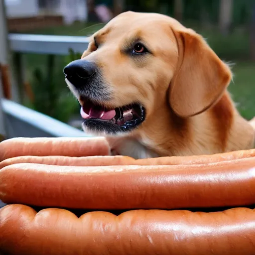 Prompt: a dog made from hot dogs