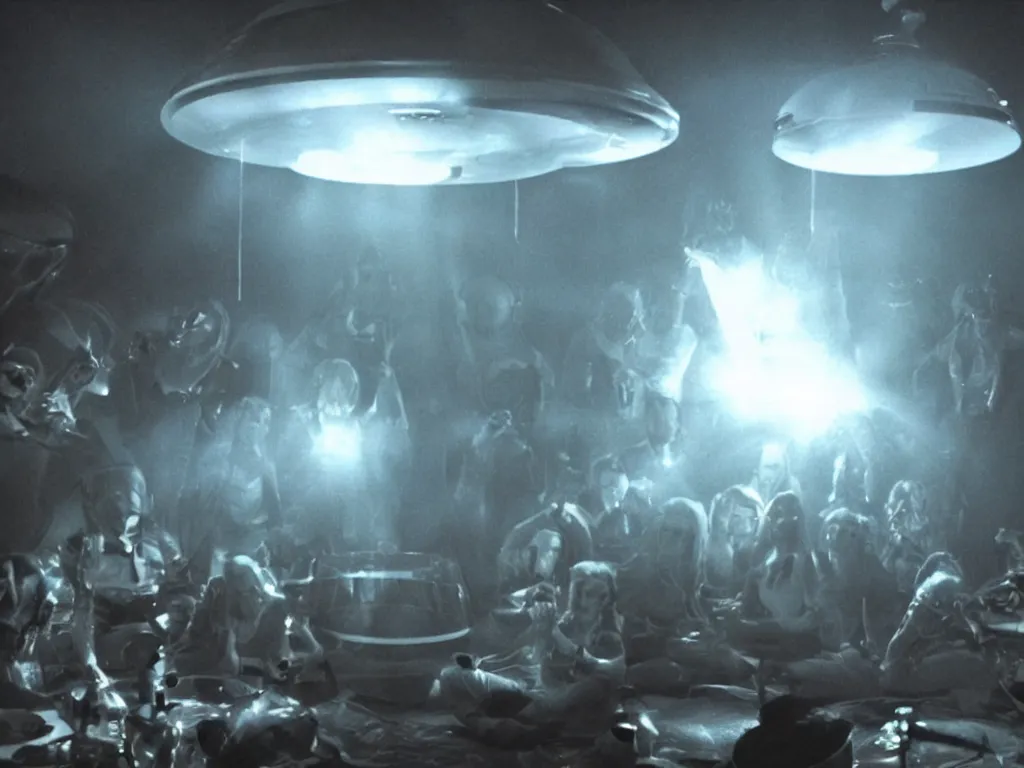 Image similar to a hidden camera shot of aliens having a party inside an ufo, cinematic masterpiece, beautiful lighting