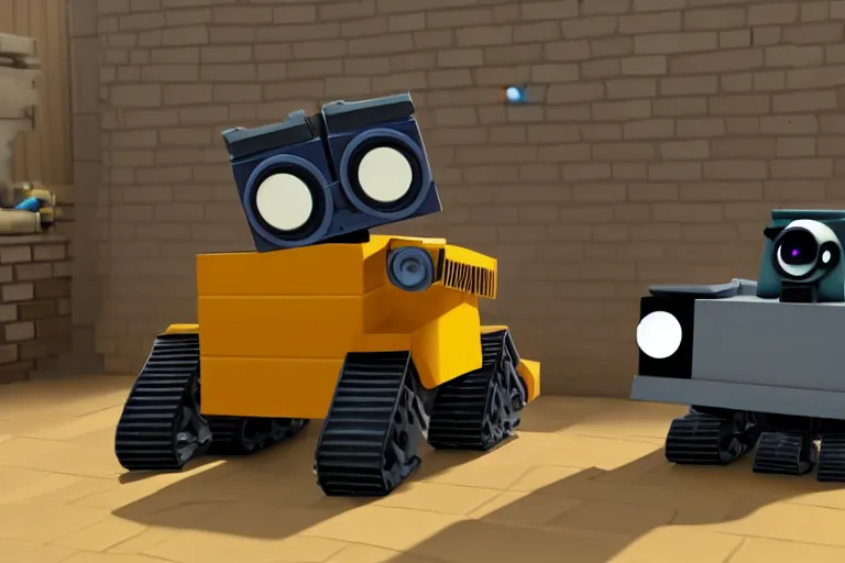 Image similar to wall - e in roblox, heavy detailed, ultra high definition quality, roblox game engine graphics