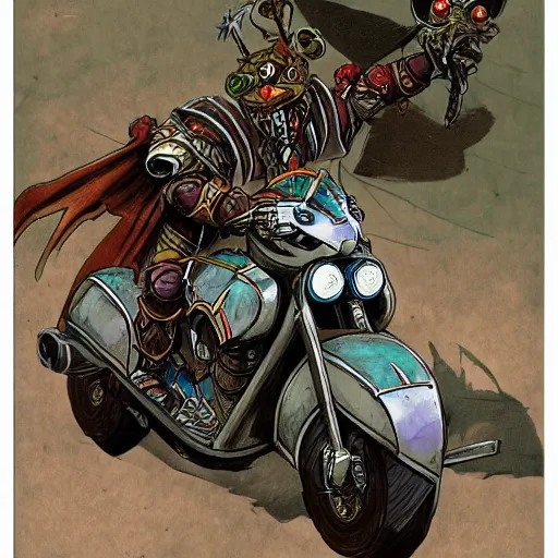 Image similar to dungeons and dragons, goblin on a motorcycle, concept art, players handbook, very detailed, mechanic, schematic, illustration, stats