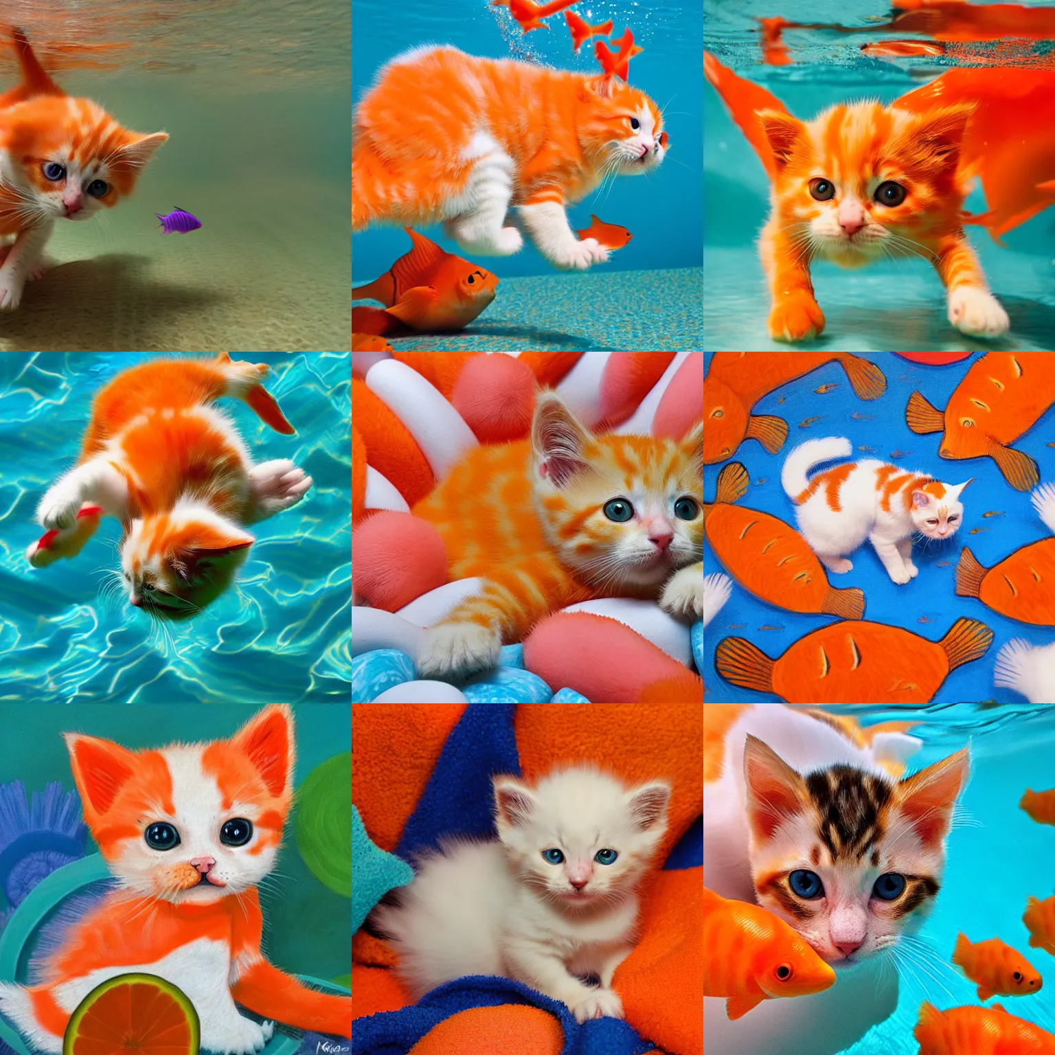Prompt: orange and white kitten swimming through an ocean of colorful fish