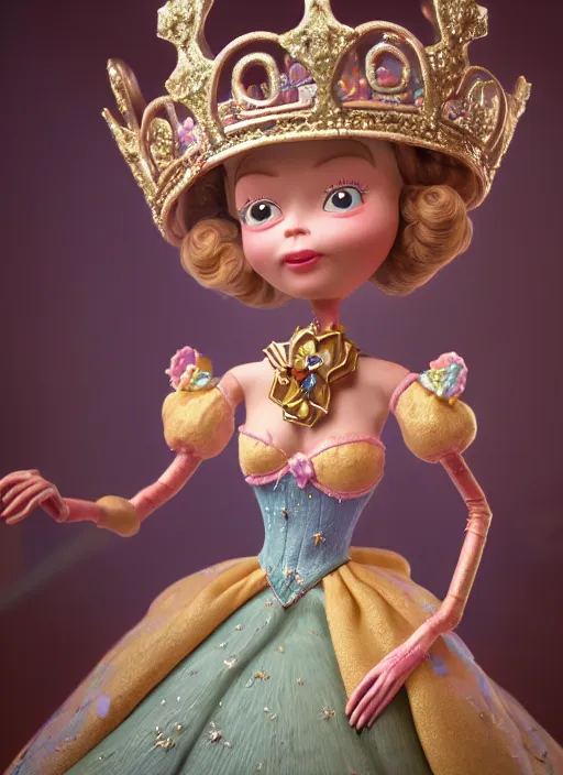 Image similar to highly detailed closeup, face profile portrait of a tin toy fairytale princess wearing a crown eating cakes, bikini, unreal engine, by nicoletta ceccoli, mark ryden, lostfish, dan decarlo, bob clampett, max fleischer, global illumination, detailed and intricate environment