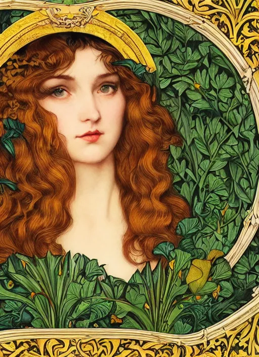 Prompt: masterpiece beautiful seductive flowing curves pinup pose preraphaelite face portrait photography, extreme close up shot, straight bangs, thick set features, yellow ochre ornate medieval dress, amongst foliage mushroom forest circle arch, william morris and kilian eng and mucha, framed, 4 k