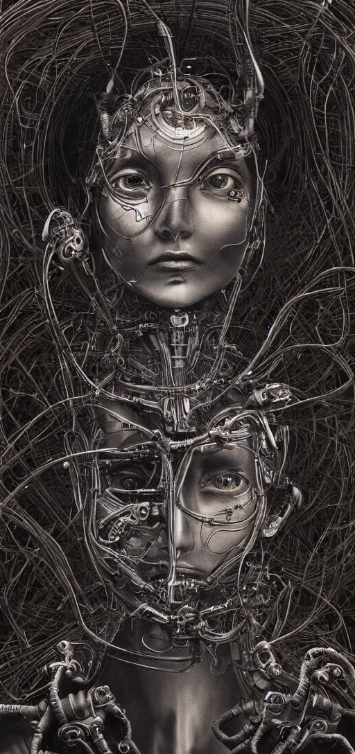 Prompt: female robot pilot, mechanical creature, electronic wires relays computer nerves, girl face, dystopian surrealism, alex ries zdzisław beksinski giger, very intricate details, demon chinese female, deep luminous eyes contain galaxies, head contains nebula, deep aesthetic, concept art, carved silver circuits diodes resistors semiconductors, highly ornate